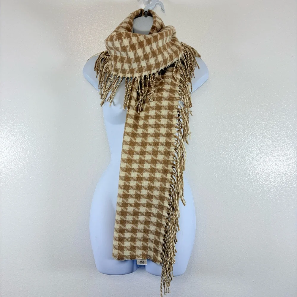 Talbots Made in Italy Houndstooth Wool Blend Fringe Scarf Wrap Preppy Timeless